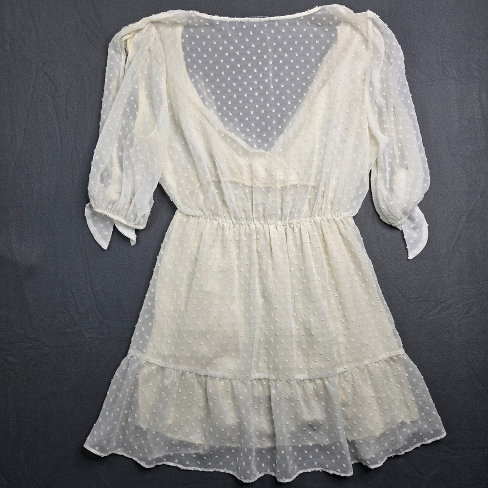 Zara Women's Dress L Sheer lined Dot Long Sleeve‎ V Neck Ruffle Hem white open